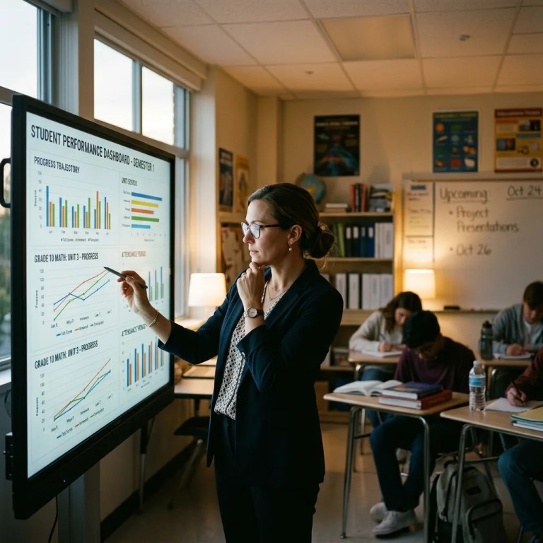 Teacher pointing at student performance charts on a digital dashboard